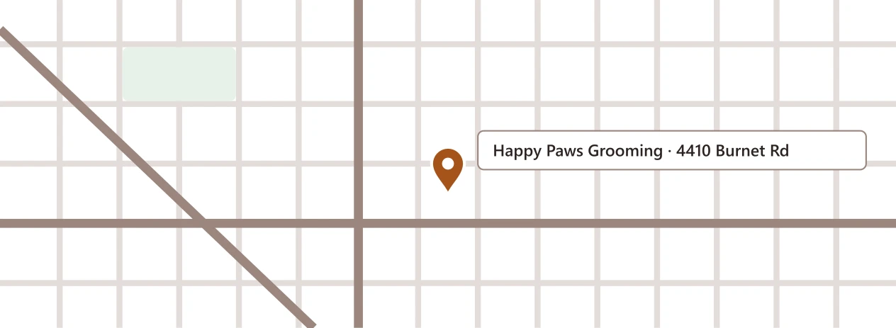 Map showing Happy Paws Grooming, 4410 Burnet Road
